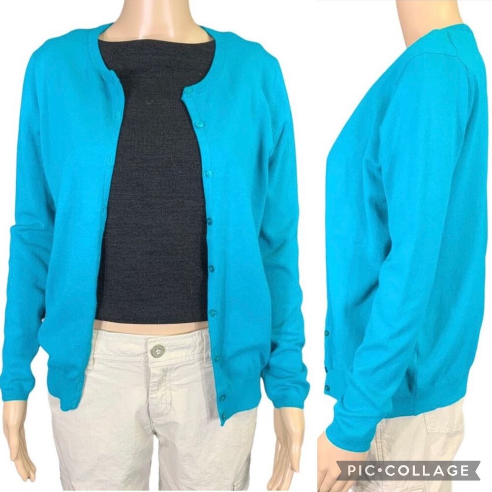 Zara Knit Womens Cardigan Sweater Lux Soft and Stretchy Button Down Teal Large